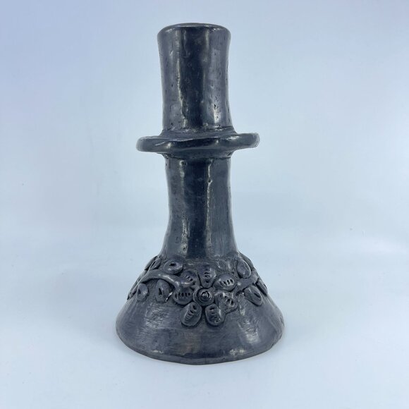 oaxacan barro negro (black clay) candle holder handcrafted floral embellishment - Picture 1 of 7